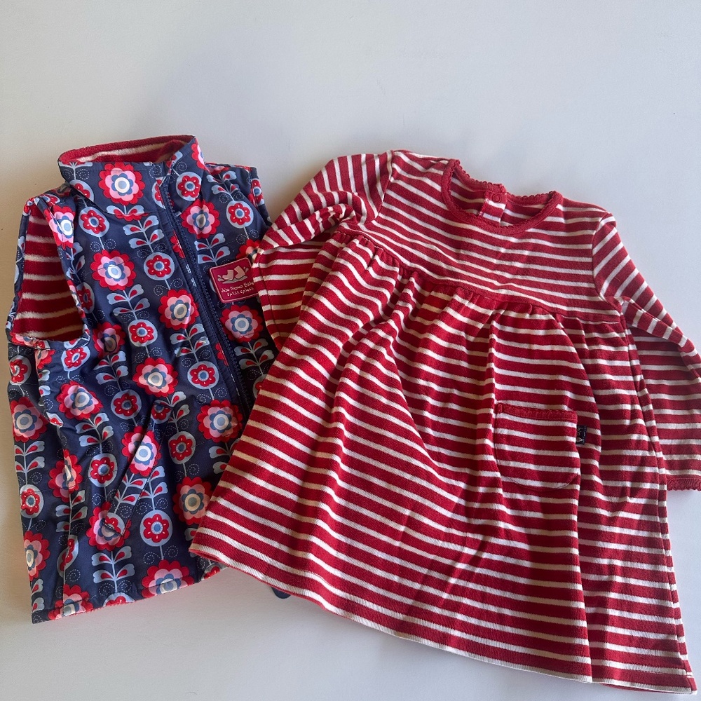 Jojo Maman Bebe Red Stripe Reversible Floral Vest & Knit Dress Size 18-24 months